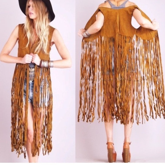 no name Jackets & Blazers - VTG suede leather fringe maxi hippe vest with concho details